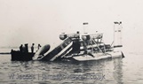 Sad end for the VA3 first passenger service. Hovercraft sank off Ryde sands shortly after the merger of Saunders Roe and Vickers to make BHC. Explosives weren't enough so sinking with axes and manpower eventually got the craft submerged. Some curtains were rescued (Hovercraft Museum c/o Stuart Syrad MC) and steering wheel (with pilot Ray Old’s son) at the time of sinking. A few dials were later saved (Isle of Wight Dive Museum) by divers from the upturned hull on seabed 70ft under where she remains today. VA-3 had a spare giant lift fan given by Duxford Aircraft museum and now on show at the Hovercraft Museum