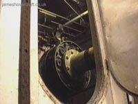 A view through to No. 3 (inboard) engine on the port side of the craft, showing the connection of the main engine drive shaft to the craft's main drive shaft (green). The two inboard drive shaftWednesday, August 15, 2012ift and thrust fans. The rear two drive shafts are basically direct linkages to the aft gearboxes, directly linking the rear thrust and lift fans.